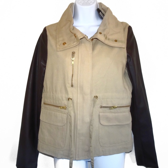 Jackets & Blazers - Tan jacket with chocolate leather sleeves.